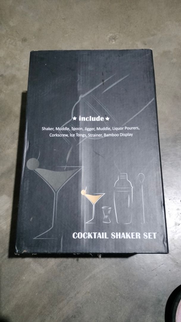 Cocktail Shaker Set with Bamboo Stand and Bar Tools (Category: Food Organization & Storage) located in Caloocan City. Submitted by swift_tripthriftz (Listing ID 1469695091, Image 1). Description: - Complete 10-piece cocktail making kit - Includes stainless steel shaker, muddler, mixing spoon, strainer, liquor pourers, corkscrew, and bamboo display stand - Unboxed and ready to set up your home bar - Perfect for mixing drinks at parties and gatheri