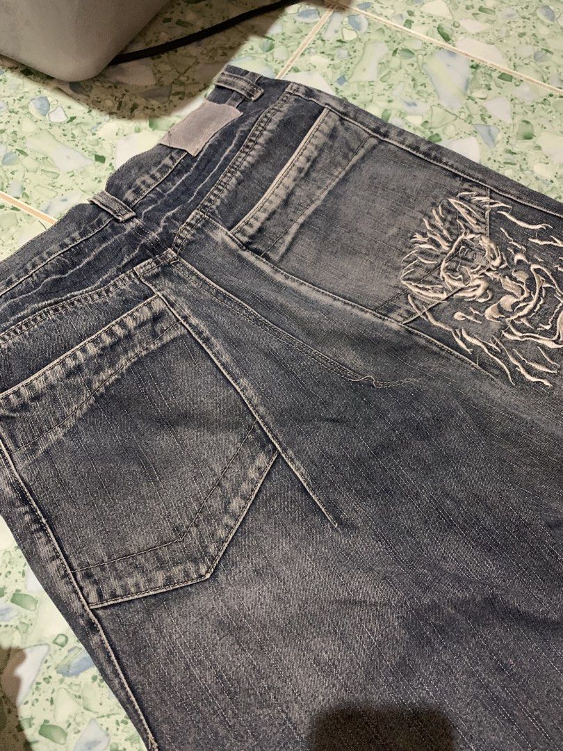 Colin Kevin Japanese Oni Mask Embroidered Long Denim Jorts, Men's ...
