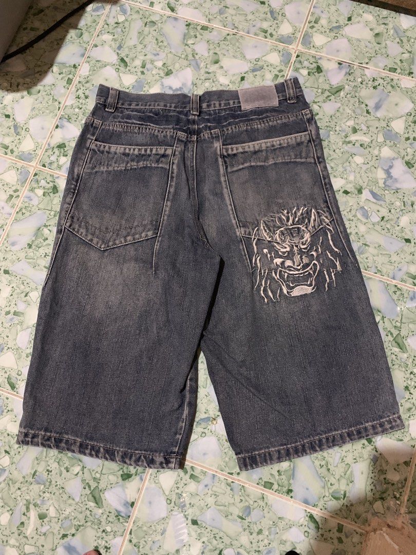 Colin Kevin Japanese Oni Mask Embroidered Long Denim Jorts, Men's ...
