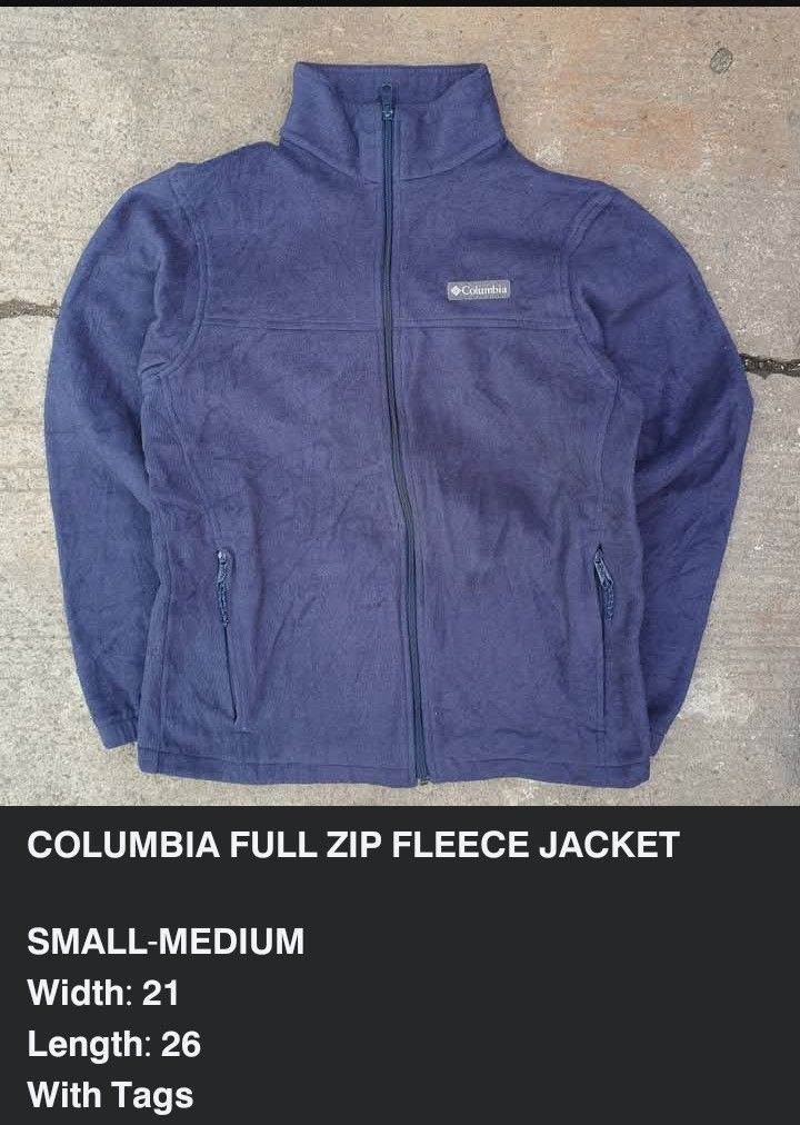 Columbia Full Zip Fleece Jacket Navy Blue (Category: Coats, Jackets and Outerwear) located in Cavite. Submitted by josephnl (Listing ID 1469702854, Image 3). Description: - Brand: Columbia - Item: Full Zip Fleece Jacket - Color: Dark Navy Blue - Size: Tagged S-M (Fits true to size) - Measurements: Width 21" | Length 26" - Details: Stand-up collar, 2 front zipped pockets, embroidered chest logo - Material: Soft polyester fleece - Condition: Excell