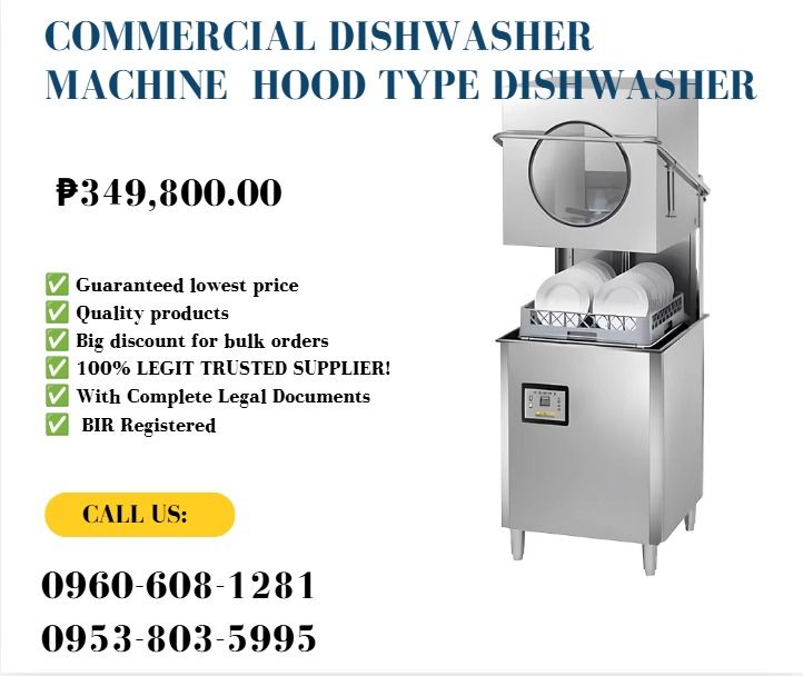 Commercial Dishwasher Machine Hood Type Dishwasher (Category: Everything Else Others) located in Caloocan City. Submitted by michealaus73574 (Listing ID 1469639382, Image 1). Description: 1.Voltage: 220V50Hz 2.Power: 5Kw 3.Cleaning time: 50～120 seconds/basket 4.Maximum washing capacity: 60 baskets/hour 5.Water consumption per basket: 2.9L/basket Main wash & rinse temperature 60~70℃, 85~95℃ 6.Main wash & rinse tank 42 L, 28 L L 7.Heating rod 3.5 k