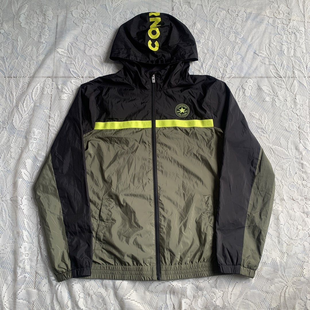 Converse Hooded Windbreaker Jacket (Category: Coats, Jackets and Outerwear) located in Manila. Submitted by xumiiyea (Listing ID 1469584467, Image 1). Description: Converse Zip-up windbreaker with hood XL (Recommended for youth ages 13-15 years, height 163-175 cm) Black and olive green colorblock with neon yellow stripe Full zip closure, lightweight material, breathable mesh lining Branded taping on chest, bold Converse text printed on hood and s