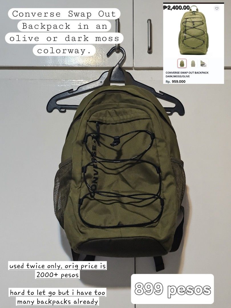 Converse Swap Out Backpack Olive Dark Moss (Category: Backpacks) located in Paranaque City. Submitted by mab.villareal (Listing ID 1469657995, Image 2). Description: Converse Swap Out backpack in an olive or dark moss colorway. Used twice only, original price was over 2000 pesos. Hard to let go, reducing excess backpack collection. Bungee cord system on front with Converse branding. Mesh side pockets and zipped compartments..