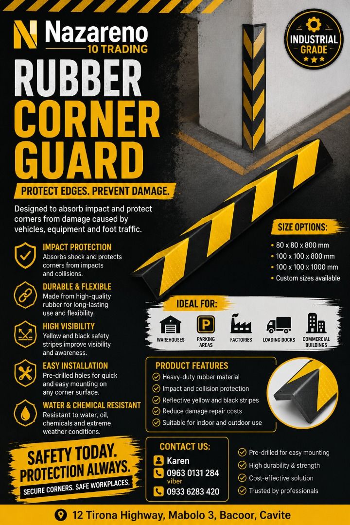 Corner Guard rubber Protector (Category: Looking For) located in Bacoor. Submitted by kajezame.2021 (Listing ID 1469623553, Image 1). Description: Corner Guard Protector For More Details and Discount Contact Ms. Karen NAZARENO 10 TRADING 0963 0131 284 0933 6283 420 0956 7028 557 0933 8559 510 Landline: Look for Ms. Karen (046 ) 416 3920 Also available: • Traffic cone • Parking Block stopper • Hooded trash bin • Road Plastic Barrier • Spill boom •
