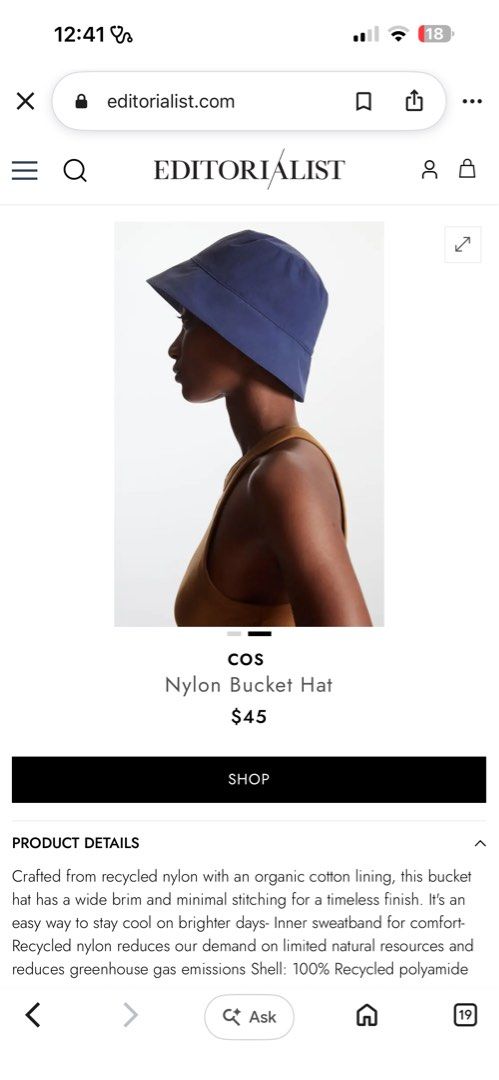 COS Nylon Bucket Hat Navy Blue (Category: Caps & Hats) located in Rosales. Submitted by dariang22 (Listing ID 1469609041, Image 2). Description: - Brand: COS - Style: Nylon bucket hat in dark navy blue - Perfect clean look for sunny days.