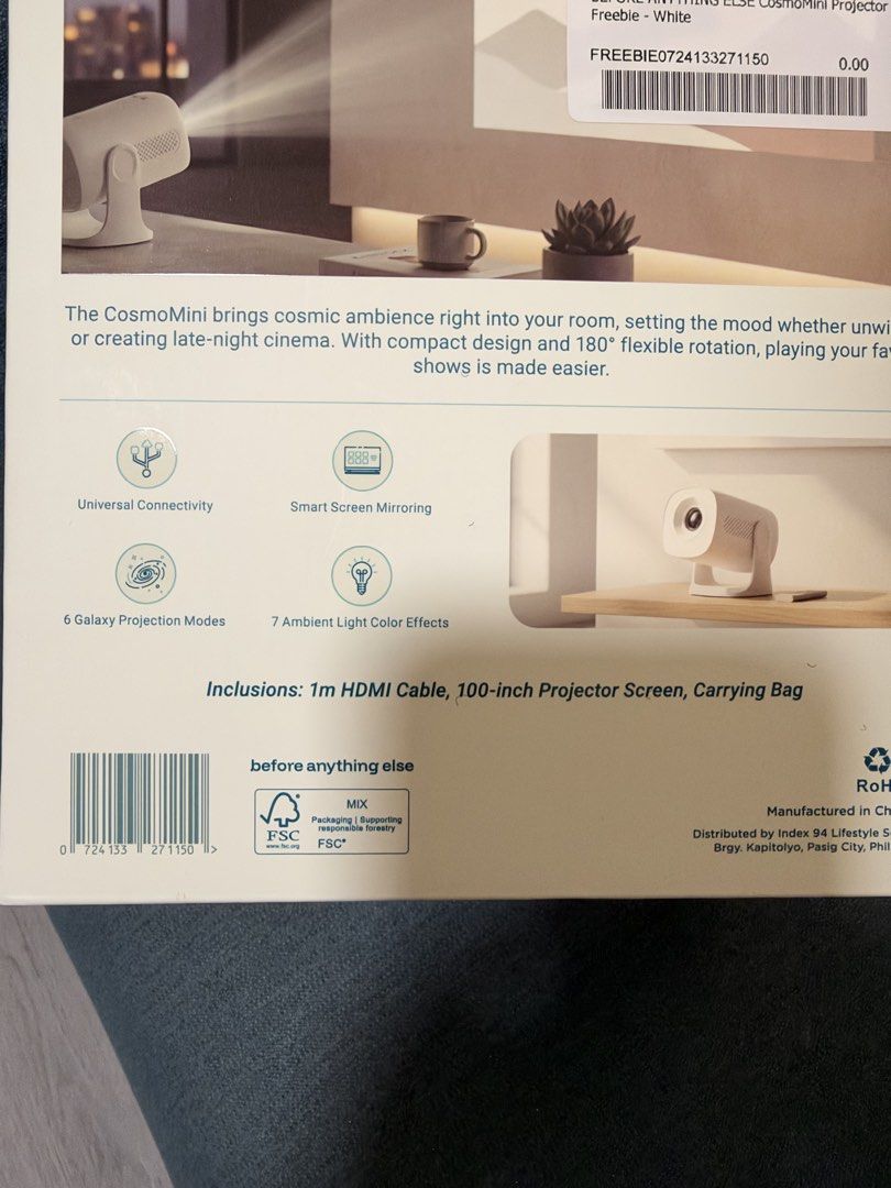 CosmoMini Portable Projector (Category: Projectors) located in Cainta. Submitted by lei_25_ (Listing ID 1469656927, Image 2). Description: - Brand: Before Anything Else (CosmoMini Portable Projector) - Condition: Brand new, sealed in box (White) - Flexibility: 180-degree flexible rotation - Display: Smart screen mirroring + FREE 100-inch projector screen included - Special Features: 6 galaxy projection modes & 7 ambient light color effects - Incl