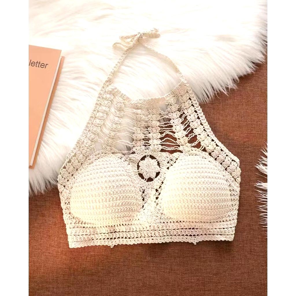 Crochet and Lace Tops Bundle Beige Black (Category: Bikinis & Swimsuits) located in Noveleta. Submitted by preloved__items___ (Listing ID 1469616851, Image 2). Description: - 4-piece bohemian bundle for summer, beach, and festival outfits - Includes: beige fringe crop top, high-neck crochet bralette with padded cups, sheer floral lace cardigan, and black crochet halter top - Style: Boho-chic / Y2K summer fashion - Condition: Clean, excellent, and