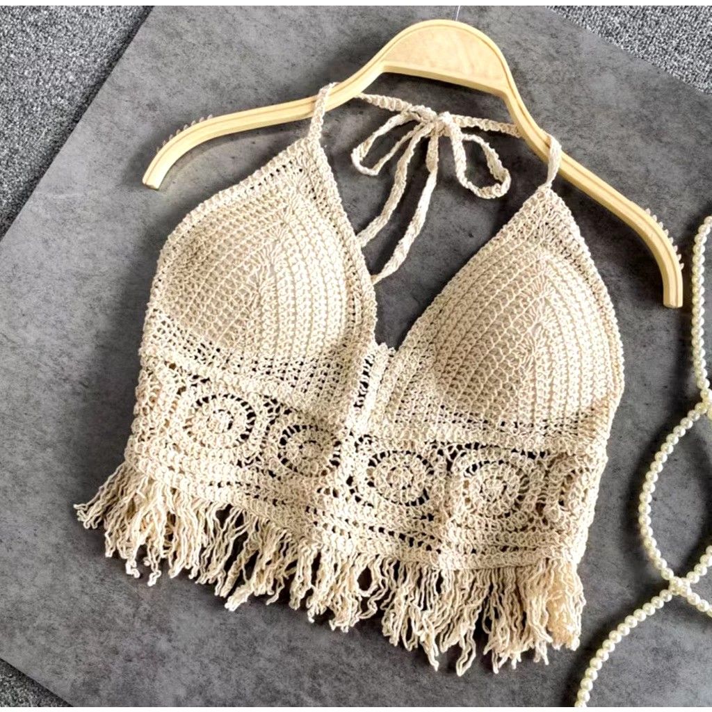 Crochet and Lace Tops Bundle Beige Black (Category: Bikinis & Swimsuits) located in Noveleta. Submitted by preloved__items___ (Listing ID 1469616851, Image 3). Description: - 4-piece bohemian bundle for summer, beach, and festival outfits - Includes: beige fringe crop top, high-neck crochet bralette with padded cups, sheer floral lace cardigan, and black crochet halter top - Style: Boho-chic / Y2K summer fashion - Condition: Clean, excellent, and