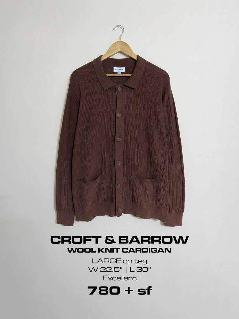 Croft & Barrow Choco Brown Wool Knit Cardigan (Category: Coats, Jackets and Outerwear) located in Cadiz. Submitted by thespotcdz (Listing ID 1469588923, Image 1). Description: Large on tag Width 22.5" Length 30" Excellent condition.