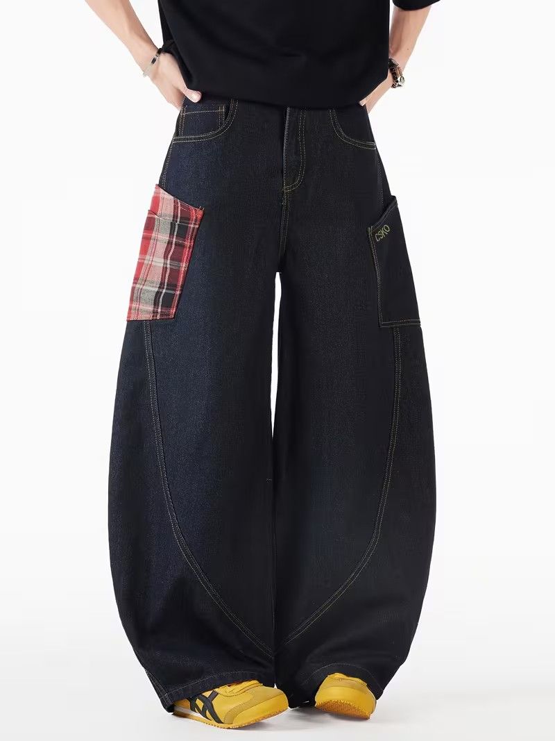 CSKO Dark Denim Wide Leg Barrel Pants Plaid Patch (Category: Jeans) located in Quezon City. Submitted by elle_f08 (Listing ID 1469662222, Image 2). Description: - Dark wash denim with a trendy super wide barrel fit - Contrast plaid patch pocket on the right and utility pocket with CSKO branding on the left - Distinctive heavy curved seams and contrast stitching throughout - Flattering high waist design - Perfect statement piece for your streetwea