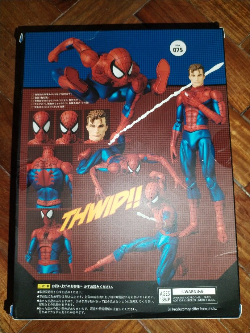 CT Toys 075 Spiderman (Category: Figurines & Statues) located in Marilao. Submitted by xtiandecluttering (Listing ID 1469610496, Image 2). Description: MISB Condition - Figure: Spider-Man 6-inch action figure, #075 - Accessories: Multiple interchangeable head sculpts, alternate hands, and web accessory strings - Packaging: Mint box with comic-style artwork on front and back - Condition: Brand new and collector-friendly.