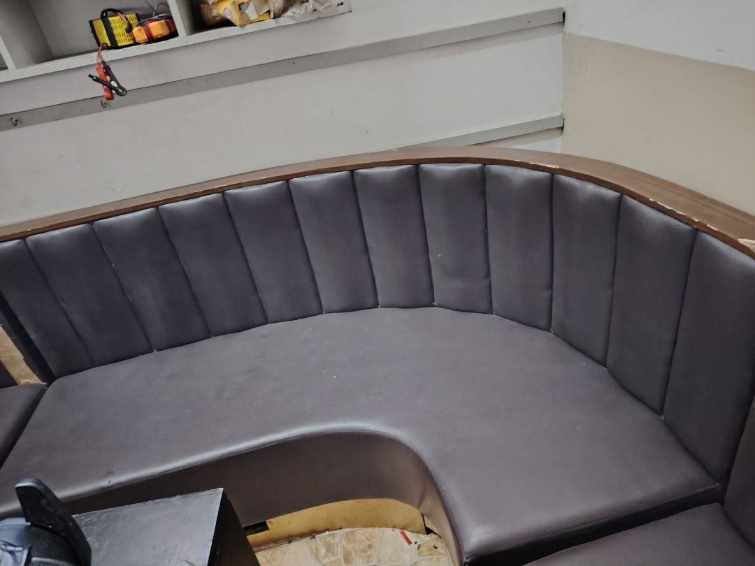 curved booth seating (Category: Sofas) located in Caloocan City. Submitted by jericodee (Listing ID 1469733493, Image 1). Description: FOR SALE: Complete 5-Piece Curved Commercial Booth Seat Set (Forms a Full Circle) • Color: Elegant Brown • Material: High-Quality Leather (Heavy Duty for Commercial Use) • Inclusions: 5 pieces curved booths (pag pinagsama-sama, magiging perfect circle sofa setup, bagay na bagay sa mga VIP lounge, KTV, restobar, o 