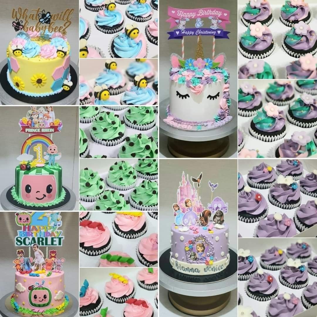 Custom Theme Birthday Cakes and Matching Cupcakes (Category: Homemade Bakes) located in Pasig City. Submitted by calmturtle.578ebe (Listing ID 1469711097, Image 1). Description: - Custom birthday cakes with matching cupcakes available - Popular themes: Unicorn, bee, princess, and CoComelon - Features colorful frosting, fondant details, and character toppers - Perfect for kids' parties, christenings, and celebrations - Message us for custom reques