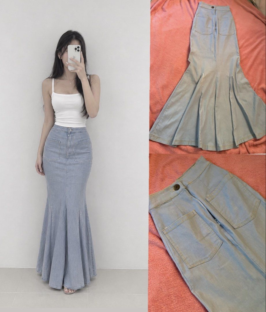 customize denim mermaid maxi skirt (Category: Skirts) located in Manila. Submitted by coolflower-e6627b (Listing ID 1469605972, Image 1). Description: 23-30 WAISTLINE STREACHABLE - Wash: Light blue - Fit: High waist cut with button and zipper closure - Details: Two large functional front utility pockets and a flared pleated hem - Condition: Clean and well-maintained.