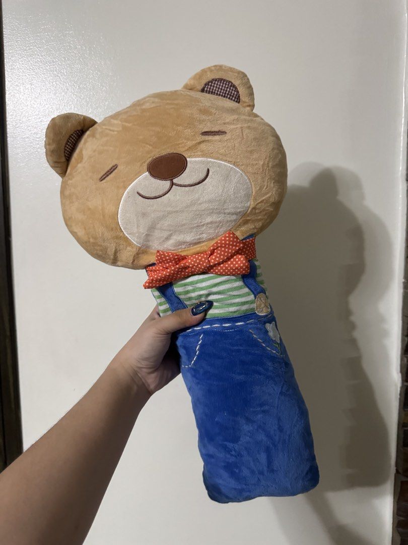 Cute Stuffed Bear Plush Pillow with Overalls (Category: Plushies & Soft Toys) located in Quezon City. Submitted by danamallari (Listing ID 1469693539, Image 1). Description: - Pre-loved - Needs wash - 1.5 ft long.