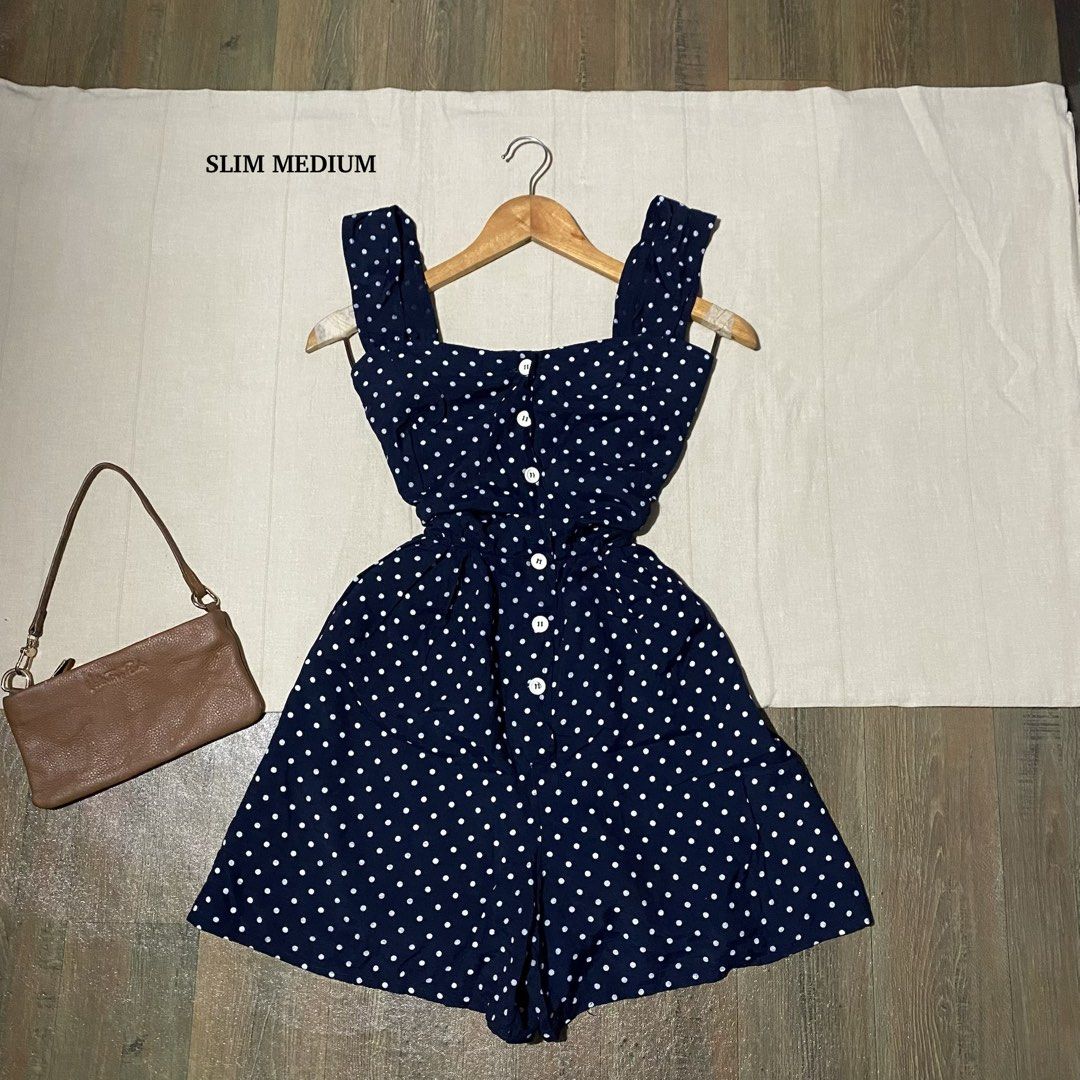 Dark blue polka dot romper (Category: Rompers) located in Manila. Submitted by thriftfindsbyshei-2nd (Listing ID 1469700389, Image 1). Description: Need wash Size and length are on the photos.