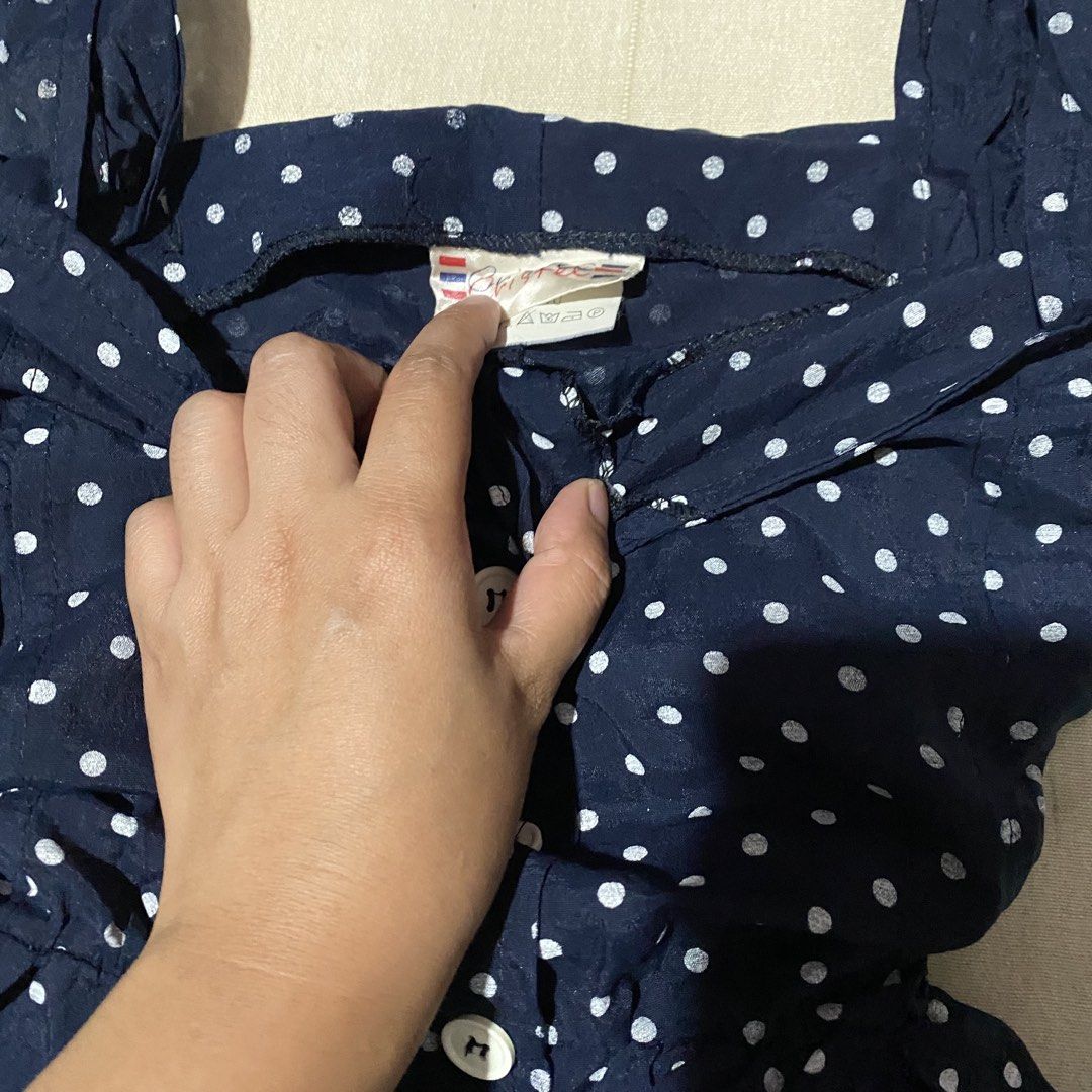 Dark blue polka dot romper (Category: Rompers) located in Manila. Submitted by thriftfindsbyshei-2nd (Listing ID 1469700389, Image 2). Description: Need wash Size and length are on the photos.