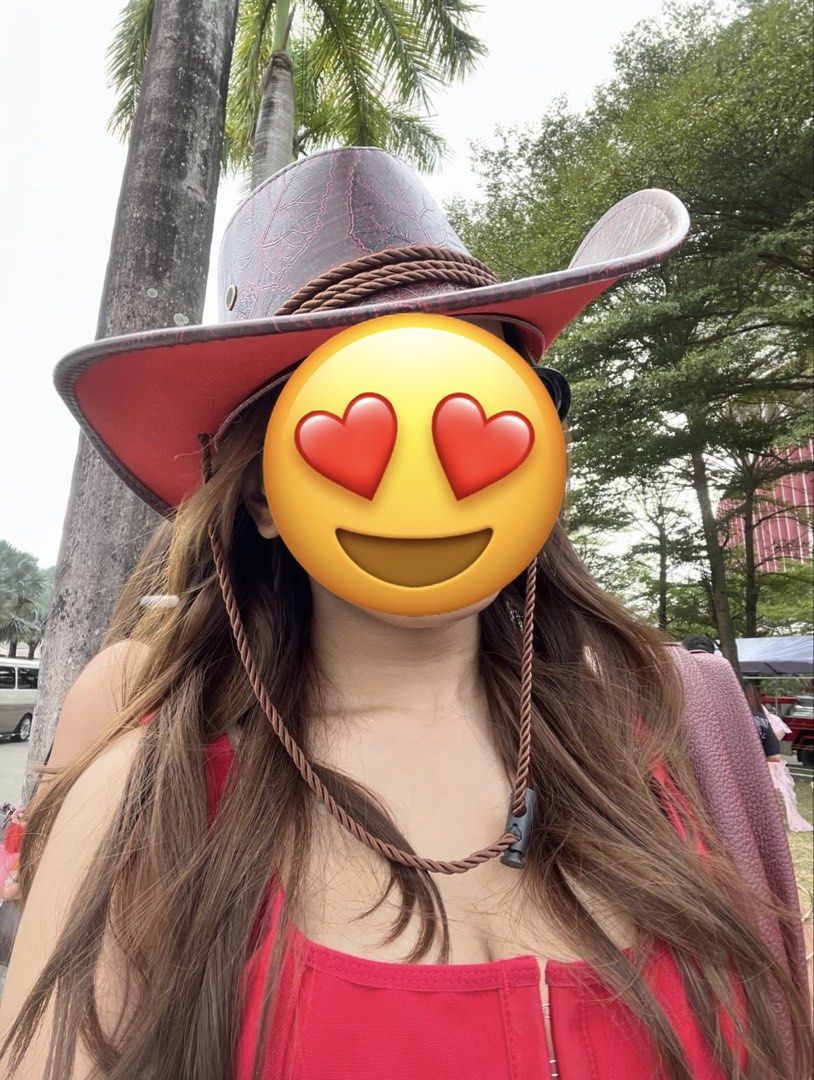 Dark Red Pattern Embossed Leather Halloween Cowboy Hat (Category: Hats & Beanies) located in Quezon City. Submitted by yanaskart (Listing ID 1469730957, Image 1). Description: - Eye-catching red cowboy hat with all-over leaf embossing - Accented with a stylish braided brown cord and adjustable chin strap - Features metal ventilation eyelets on both sides for breathability - Built with a comfortable fabric lining inside the crown - Perfect accesso