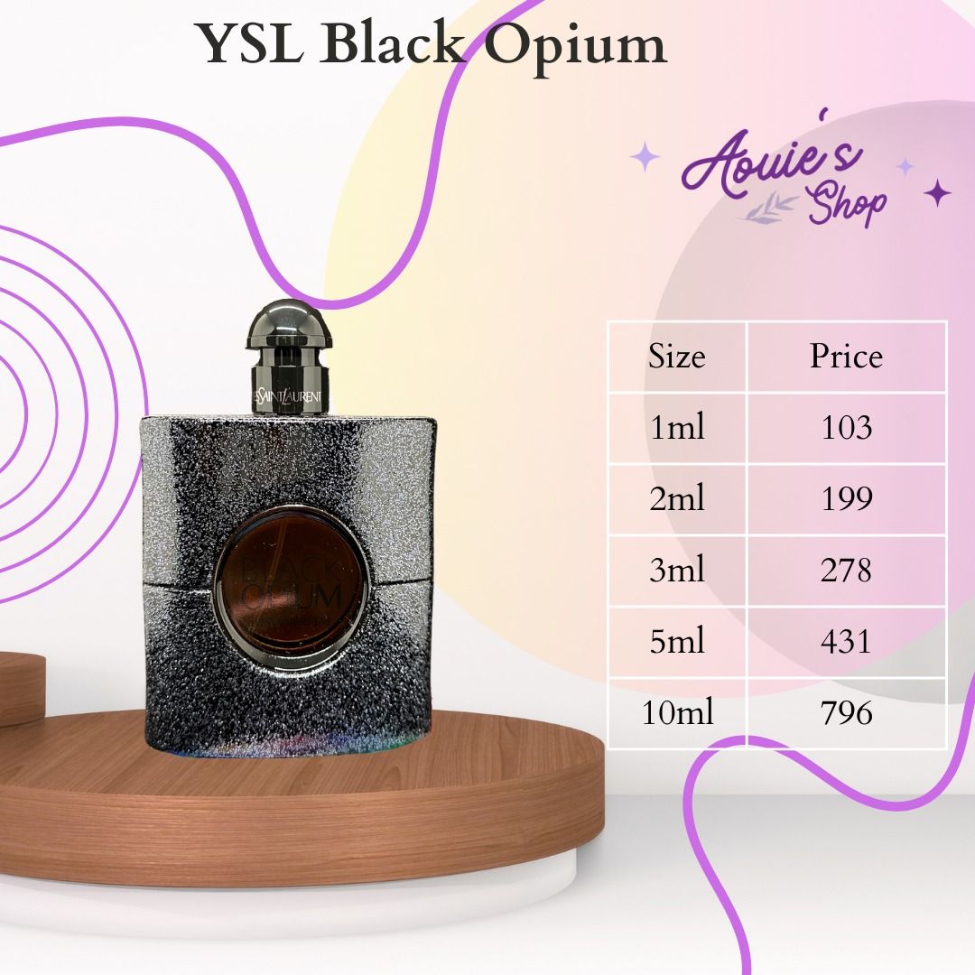 Decant / Perfume Sample (Category: Fragrance & Deodorants) located in Manila. Submitted by aouievallente (Listing ID 1469752429, Image 1). Description: - 100% Authentic YSL Black Opium fragrance decants - Ideal way to try the scent before buying a full bottle - Send a message to order yours today!.