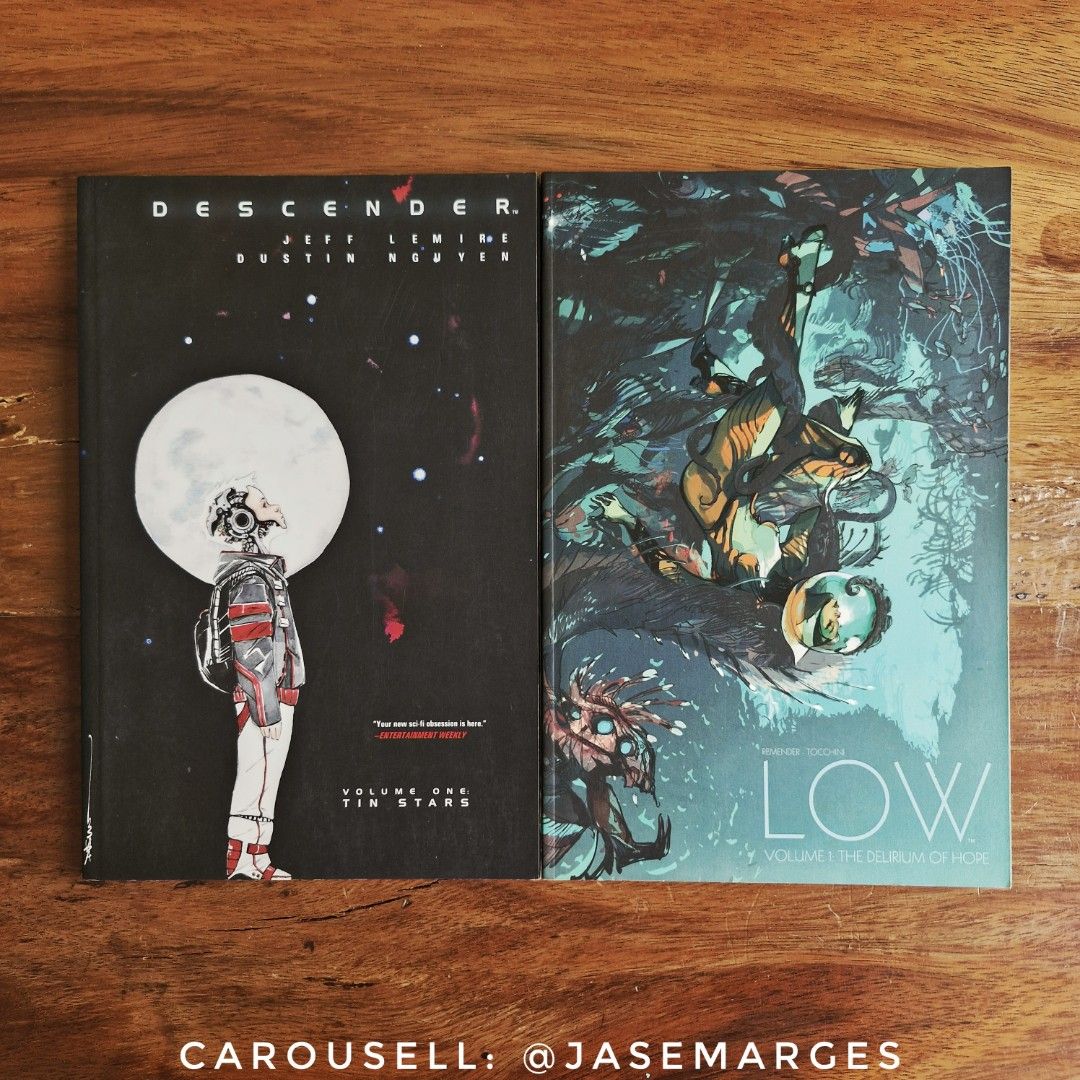 Descender Vol.1 + LOW Vol.1 (TPB, Image Comics) (Category: Comics & Manga) located in Binan City. Submitted by jasemarges (Listing ID 1469616547, Image 1). Description: Descender Vol.1 + LOW Vol.1 (TPB set) - Php 900 Image Comics Descender Volume 1: Tin Stars by Jeff Lemire & Dustin Nguyen Collects Descender #1-6 LOW Volume 1: The Delirium of Hope by Rick Remender & Greg Tocchini Collects LOW #1-6 Used; good condition (Descender has small nicks o