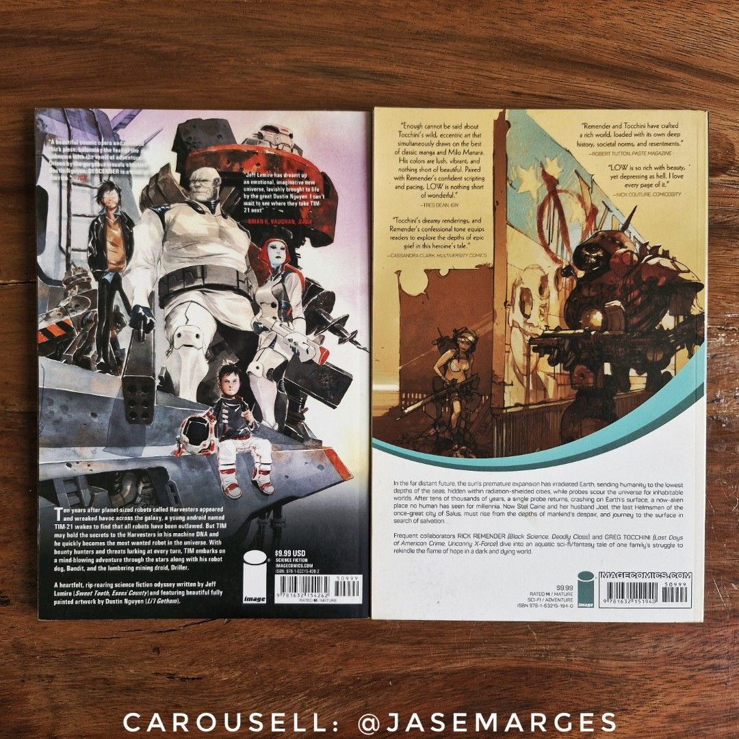Descender Vol.1 + LOW Vol.1 (TPB, Image Comics) (Category: Comics & Manga) located in Binan City. Submitted by jasemarges (Listing ID 1469616547, Image 2). Description: Descender Vol.1 + LOW Vol.1 (TPB set) - Php 900 Image Comics Descender Volume 1: Tin Stars by Jeff Lemire & Dustin Nguyen Collects Descender #1-6 LOW Volume 1: The Delirium of Hope by Rick Remender & Greg Tocchini Collects LOW #1-6 Used; good condition (Descender has small nicks o