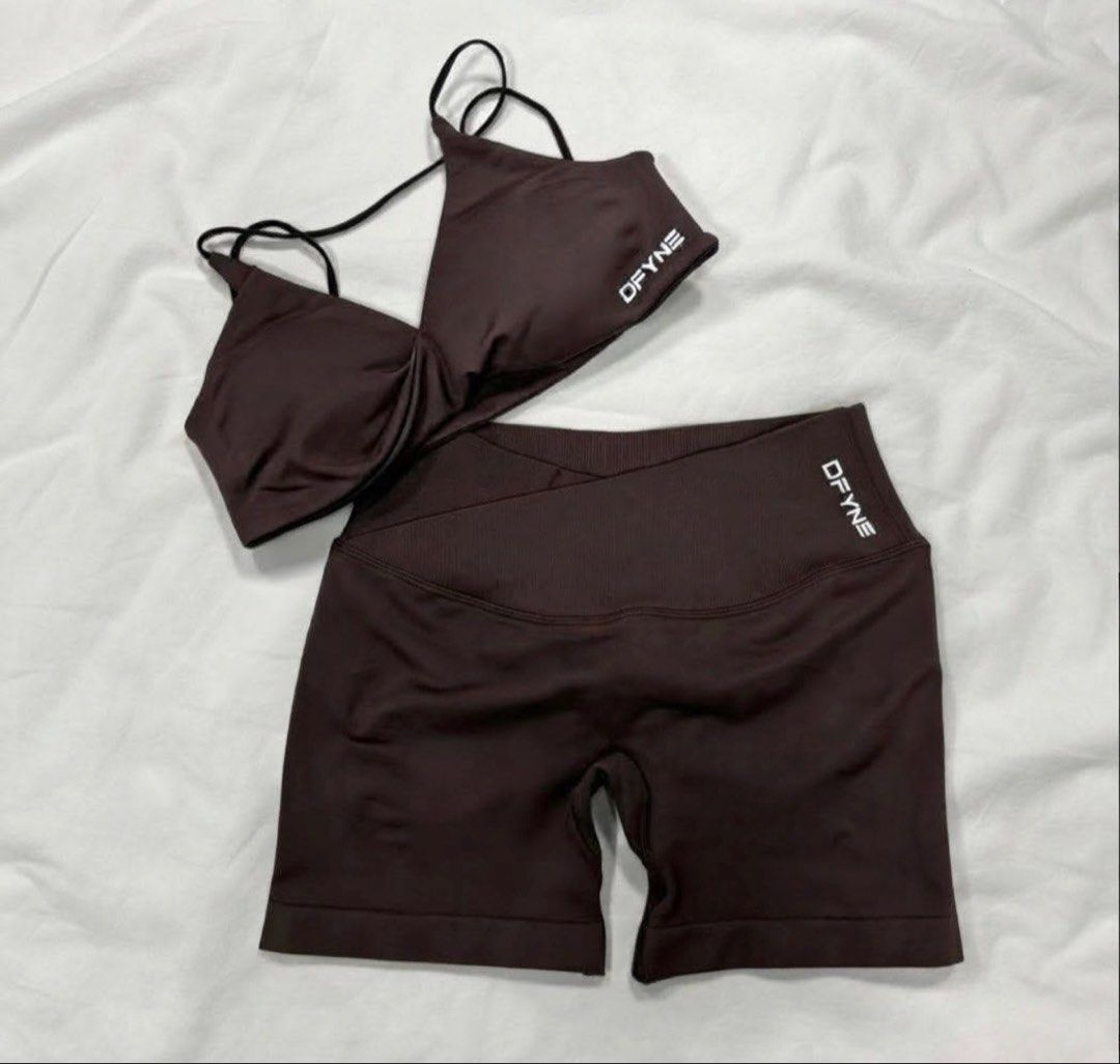 DFYNE Brown Vision Bra and Shorts (Category: Activewear) located in Taguig. Submitted by marikinaa (Listing ID 1469668142, Image 1). Description: - Brand: DFYNE (Vision Line) - Color: Brown Top in size Small and Bottom in X-Small Comes with the pouch Bought from here as well but too small for me upon fitting! .