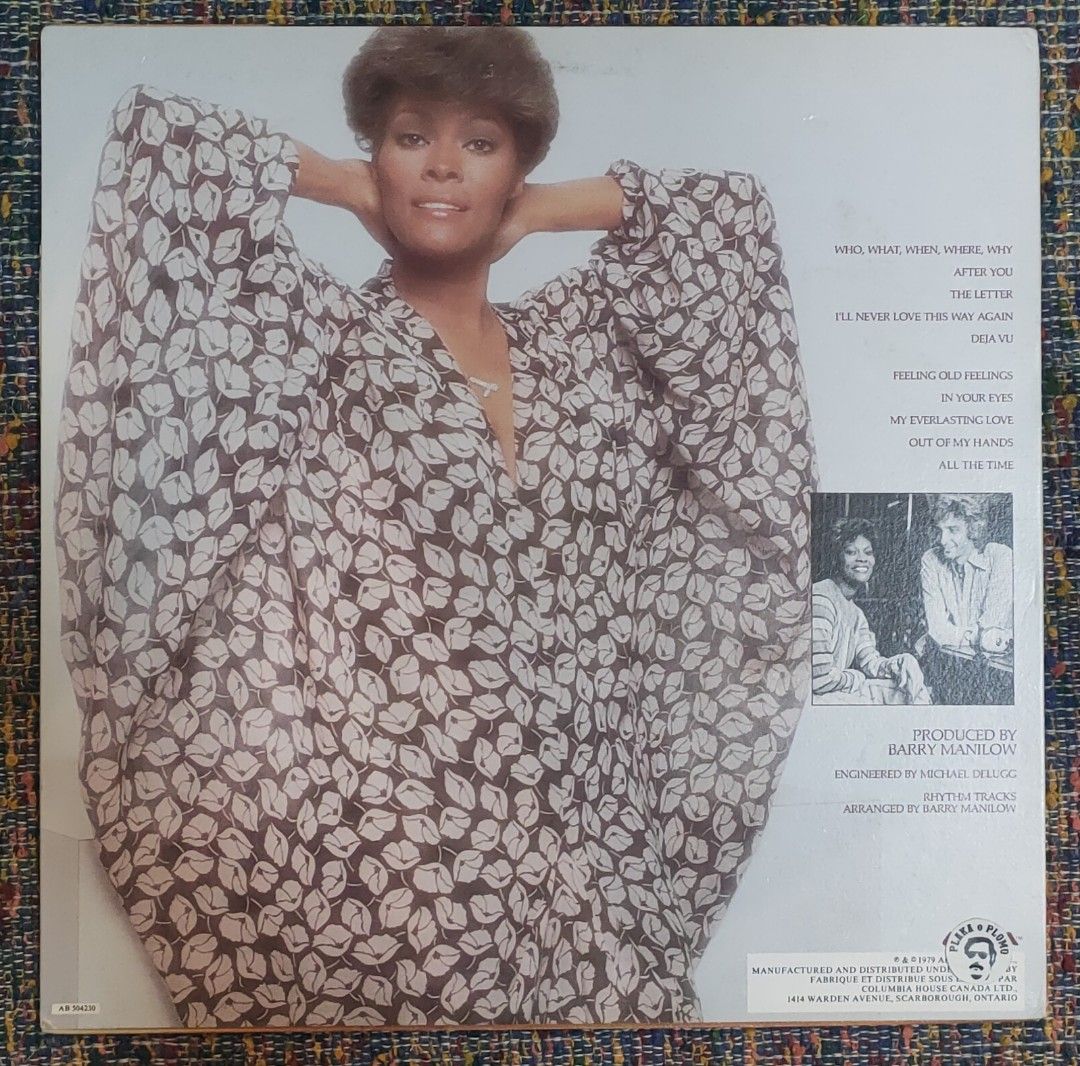 Dionne Warwick - Dionne LP Vinyl Record (Category: Vinyls) located in Quezon City. Submitted by plaka.o.plomo (Listing ID 1469607942, Image 2). Description: Artist(s) : Dionne Warwick Album : Dionne Year : 1979 Media : VG+ Color : Black Sleeve : VG+ No. : 1x Vinyl Size : 12" RPM : 33 Country : Canada Catalog No. : AB 4230 Tracklist : - Side 1 1. Who, What, When, Where, Why 3:15 2. After You 4:02 3. The Letter 3:11 4. I'll Never Love This Way Agai