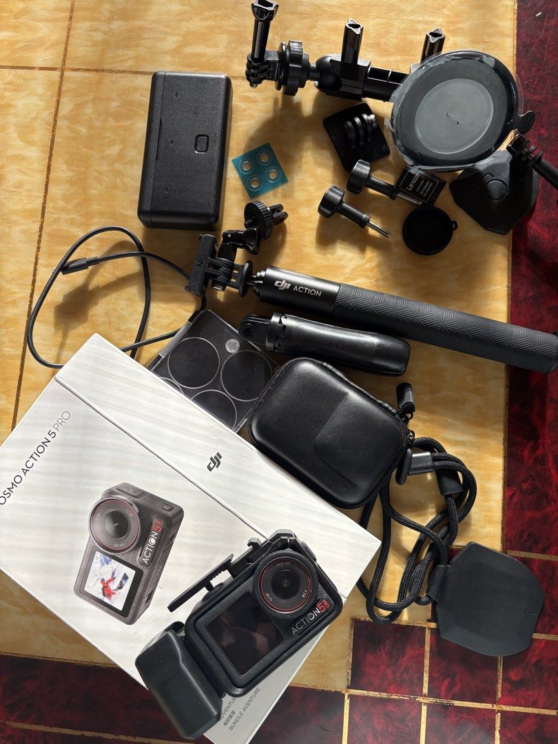 DJI Osmo Action 5 Pro Adventure Combo (Category: Cameras) located in San Pablo. Submitted by jhenzcosico (Listing ID 1469575136, Image 2). Description: - Item: DJI Osmo Action 5 Pro Action Camera Bundle - Condition: Complete set, ready to use - Includes original box and charging case - Accessories: Extension rod, protective casing, multiple mounts, and thumb screws - Extras: Cable and Lexar MicroSD adapter included - Perfect for sports, travel, a
