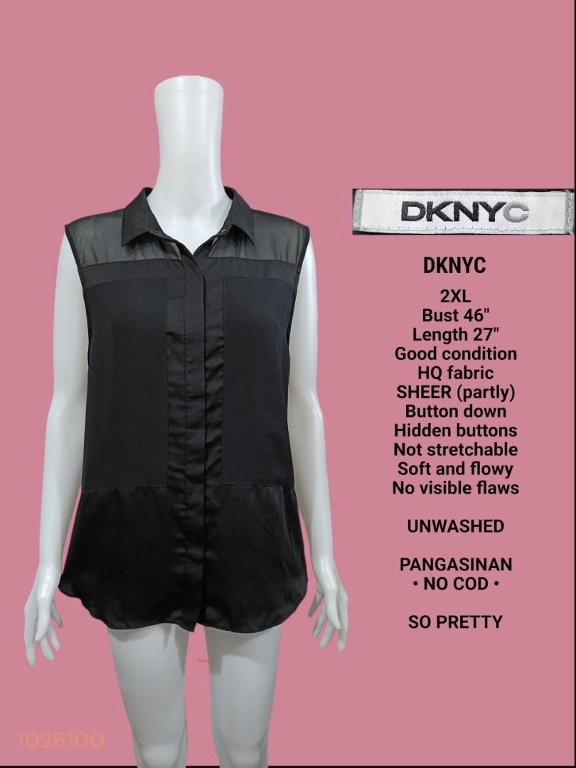 DKNYC Black Collared Button Down Sleeveless Blouse; 2XL Plus Size Oversized (Category: Blouses) located in Moncada. Submitted by celynn.collection (Listing ID 1469616455, Image 1). Description: ✅ PLEASE READ BEFORE ASKING! 😊 ----------------------------------------------------- 📍LOCATION: Pangasinan, Luzon ----------------------------------------------------- ✅ Clothes are THRIFTED or PRE-LOVED unless stated brand new. -------------------------