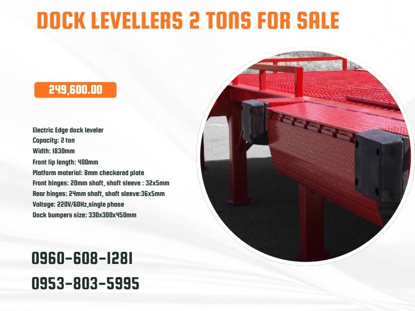 Dock Levellers 2 TONS FOR SALE (Category: Everything Else Others) located in Caloocan City. Submitted by 09616968642 (Listing ID 1469633239, Image 1). Description: ●Electric Edge dock leveler ●Capacity: 2 ton ●Width: 1830mm ●Front lip length: 400mm ●Platform material: 8mm checkered plate ●Front hinges: 20mm shaft, shaft sleeve : 32x5mm ●Rear hinges: 24mm shaft, shaft sleeve:36x5mm ●Voltage: 220V/60Hz,single phase ●Dock bumpers size: 330x300x450mm