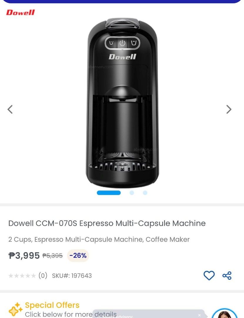 Dowell CCM-070S Espresso Multi-Capsule Machine (Category: Coffee Machines & Makers) located in Manila. Submitted by fiasuncion (Listing ID 1469596405, Image 1). Description: - Model: Dowell CCM-070S Espresso Multi-Capsule Machine - Condition: Brand new, unopened, and box packaging intact.