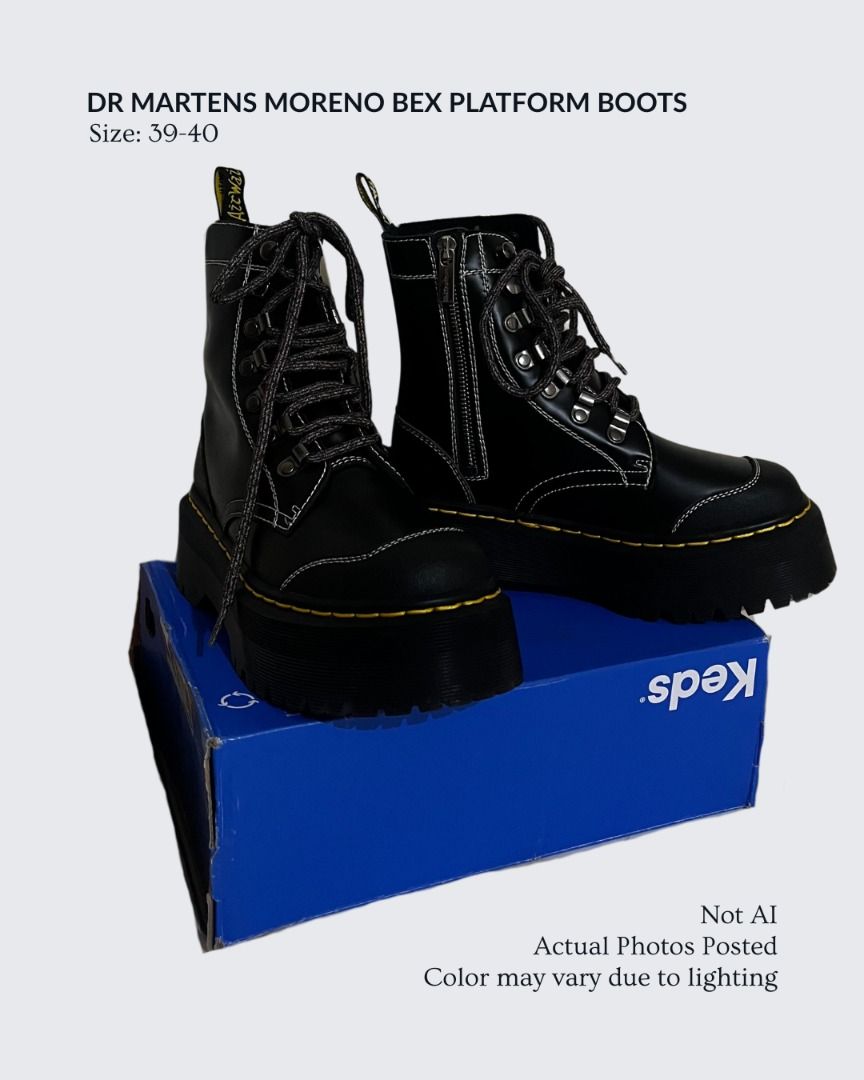 Dr Martens Moreno Bex Platform Boots (Category: Boots) located in Baguio. Submitted by dragonflythrifts (Listing ID 1469748666, Image 1). Description: Size: Tagged 5 UK / 38 US, but actually fits like size 39 - unused - this model is no longer in stock on Dr. Martens website - not auth but very good quality. Class A from blue app retails for 6k, auth is 12k - chunky platform soles, side zippers for easy wear, patterned laces - embossed cross logo