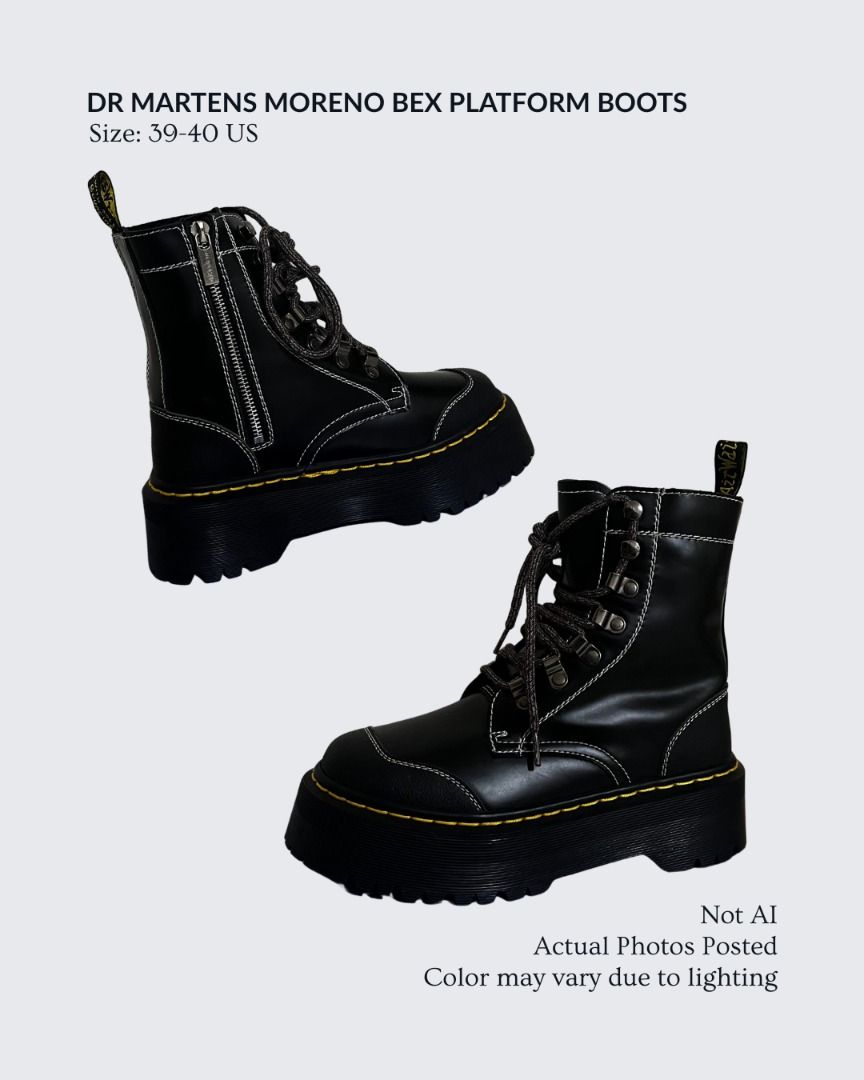 Dr Martens Moreno Bex Platform Boots (Category: Boots) located in Baguio. Submitted by dragonflythrifts (Listing ID 1469748666, Image 2). Description: Size: Tagged 5 UK / 38 US, but actually fits like size 39 - unused - this model is no longer in stock on Dr. Martens website - not auth but very good quality. Class A from blue app retails for 6k, auth is 12k - chunky platform soles, side zippers for easy wear, patterned laces - embossed cross logo