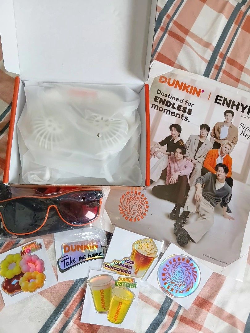 Dunkin × ENHYPEN Merchandise (Category: K-Wave Merchandise) located in Manila. Submitted by smnthdb97 (Listing ID 1469672755, Image 1). Description: FOR SALE! Dunkin' × ENHYPEN Merch from Funmeet last October 3, 2026 Available: - Neck Fan (NEVER BEEN USED) > ₱400.00 - 3D Glasses (NEVER BEEN USED) > ₱ 150.00 - Sticker > ₱120.00 - Poster > ₱ 200.00 - Official ENHYPEN x Dunkin' collaboration merch set - Includes portable fan in original box - Comple