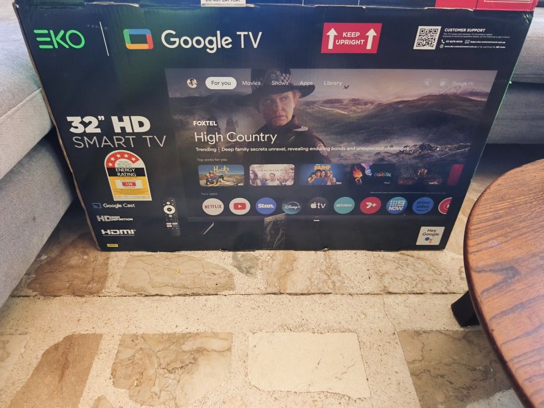 EKO 32" HD Smart Google TV (Category: TV) located in Tarlac. Submitted by ibrahimharb81 (Listing ID 1469703347, Image 1). Description: - Brand new & unopened box (kept upright) - 32-inch HD Smart TV powered by Google TV - Built-in Google Cast & Hey Google support - Direct access to Netflix, YouTube, Disney+, Apple TV & more - Includes original remote control - Energy-efficient with rating label on front.