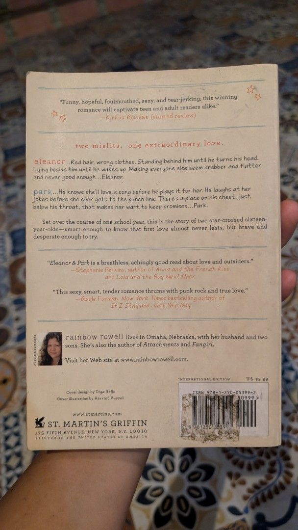 Eleanor & Park by Rainbow Rowell Paperback Novel (Category: Storybooks) located in Manila. Submitted by alypacis06 (Listing ID 1469659728, Image 2). Description: - Title: Eleanor & Park by Rainbow Rowell - Edition: St. Martin's Griffin Paperback (ISBN: 978-1-250-05399-2) - Condition: Cover has edge wear and creases; pages are intact with natural yellowing due to age - History: Read only once, great overall condition for reading - Genre: Heartwarm