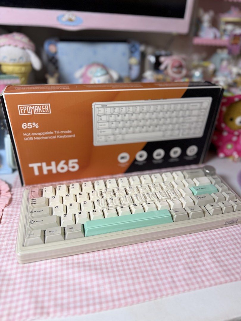 Epomaker TH65 65% Hot-Swappable Tri-Mode Mechanical Keyboard (Category: Computer Keyboard) located in Mabalacat. Submitted by strawbearytelle (Listing ID 1469601309, Image 1). Description: - Model: Epomaker TH65 Mechanical Keyboard - Colorway: Retro cream with mint green accents - Layout: 65% compact layout featuring a convenient volume knob - Connectivity: Hot-swappable tri-mode (wired, wireless, Bluetooth) - Lighting: Vibrant RGB backlighting a