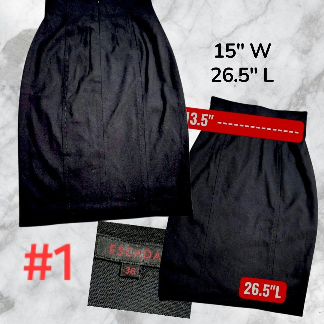 Escada Skirts ON SALE! (Category: Skirts) located in Paranaque City. Submitted by calm_youngstore7 (Listing ID 1469579725, Image 2). Description: ESCADA SKIRTS ON SALE! - Brand: Escada - Sizes: 34 and 36 - 3 stylish skirts: * Black draped asymmetrical skirt * Black paneled midi skirt * Patterned dark skirt with sequin details - Selling individually or as bundle - Please check photos for exact measurements MESSAGE FOR DETAILS Price range from ₱1,8