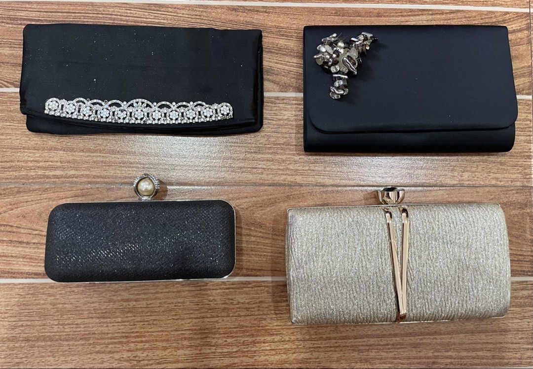 Evening Party Clutch Bags (Category: Clutches) located in Mandaue City. Submitted by piacatrina08 (Listing ID 1469662495, Image 1). Description: P 90 per piece or take all 4pcs for 300! - Clutch 1: Black satin with rhinestones along the flap edge - Clutch 2: Black satin featuring a stunning floral crystal cluster - Clutch 3: Black glitter hard case with a chic pearl clasp - Clutch 4: Champagne gold textured hard case with a metallic V-closure .