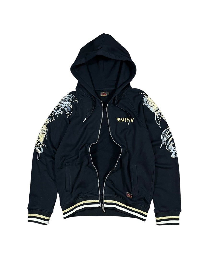 Evisu black zip-up hoodie (Category: Coats, Jackets and Outerwear) located in Bacolod City. Submitted by piquedup.ph_v2 (Listing ID 1469713629, Image 2). Description: Evisu black zip-up hoodie -Authentic Size: Large| 22x28 Condition: Excellent Color rate: 9.5/10 (Color may vary to lighting) Flaws: none.