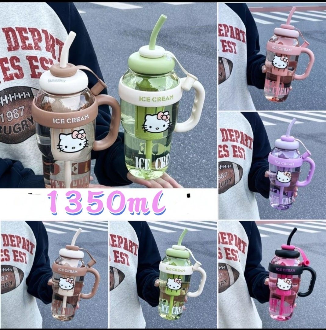 EZEFINDS Hello Kitty Ice Cream Water Bottle 1350ml (Category: Water Bottles & Tumblers) located in Cainta. Submitted by Ezefinds (Listing ID 1469626421, Image 1). Description: - Design: Kitty with 'Ice Cream' text - Capacity: Large 1350ml - Features: Built-in straw, sturdy handle, and separate inner compartment - Colors Available: Brown, green, pink, purple, and black - Condition: Brand new, sealed in plastic packaging.