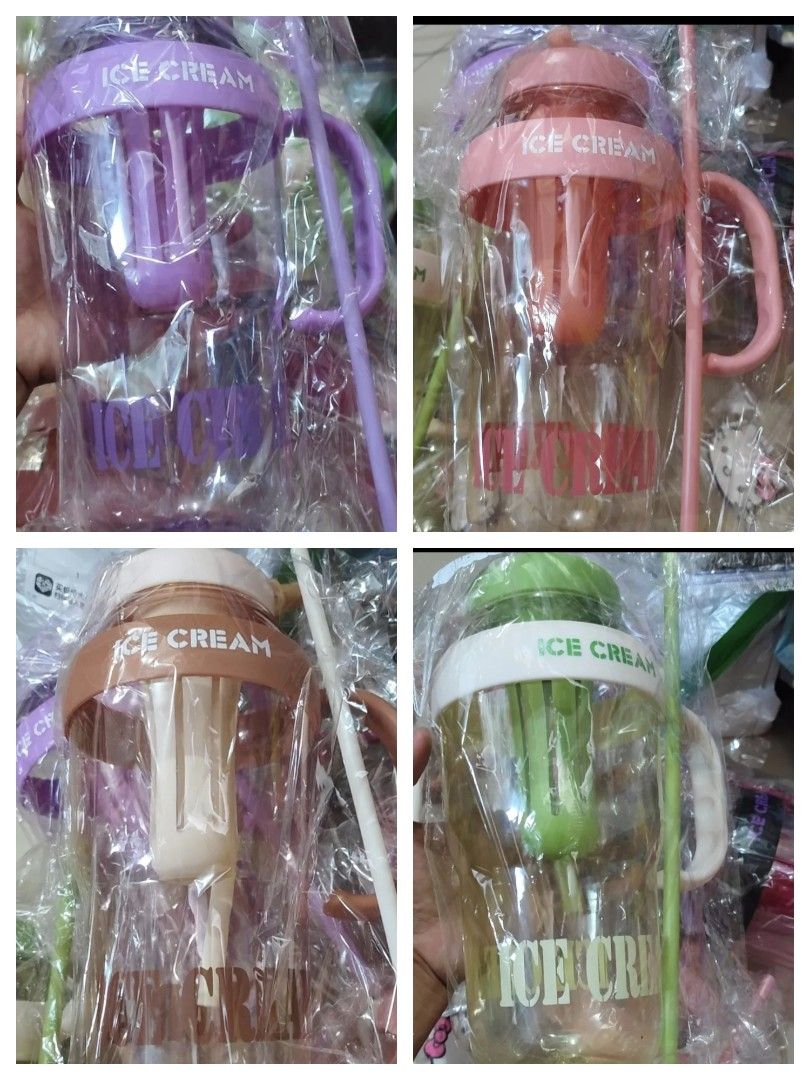 EZEFINDS Hello Kitty Ice Cream Water Bottle 1350ml (Category: Water Bottles & Tumblers) located in Cainta. Submitted by Ezefinds (Listing ID 1469626421, Image 2). Description: - Design: Kitty with 'Ice Cream' text - Capacity: Large 1350ml - Features: Built-in straw, sturdy handle, and separate inner compartment - Colors Available: Brown, green, pink, purple, and black - Condition: Brand new, sealed in plastic packaging.