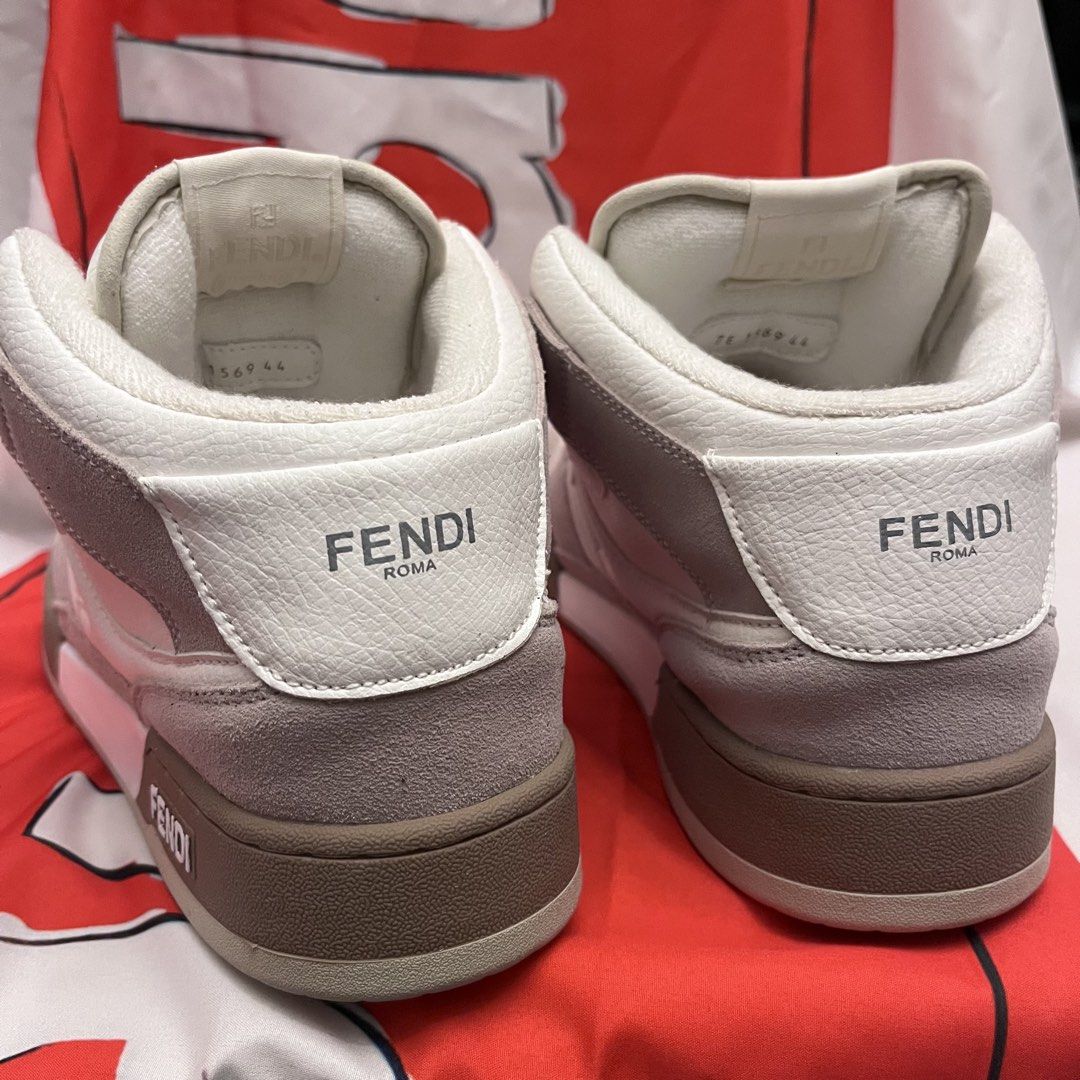 FF MATCH High Top Sneakers White Suede (Category: Sneakers) located in Paranaque City. Submitted by toastedmallows (Listing ID 1469726226, Image 2). Description: Fendi Match Sneakers Color: Cream White Features the Fendi logo Sizes Available: 36, 38, 39, 44 & 45EU Suede and leather construction Brandnew. No box. Comes with Fendi dustbag Ships via J&T MOP Gcash, Paymaya or BPI - NO COD shoes may or may not have minimal dustmarks.