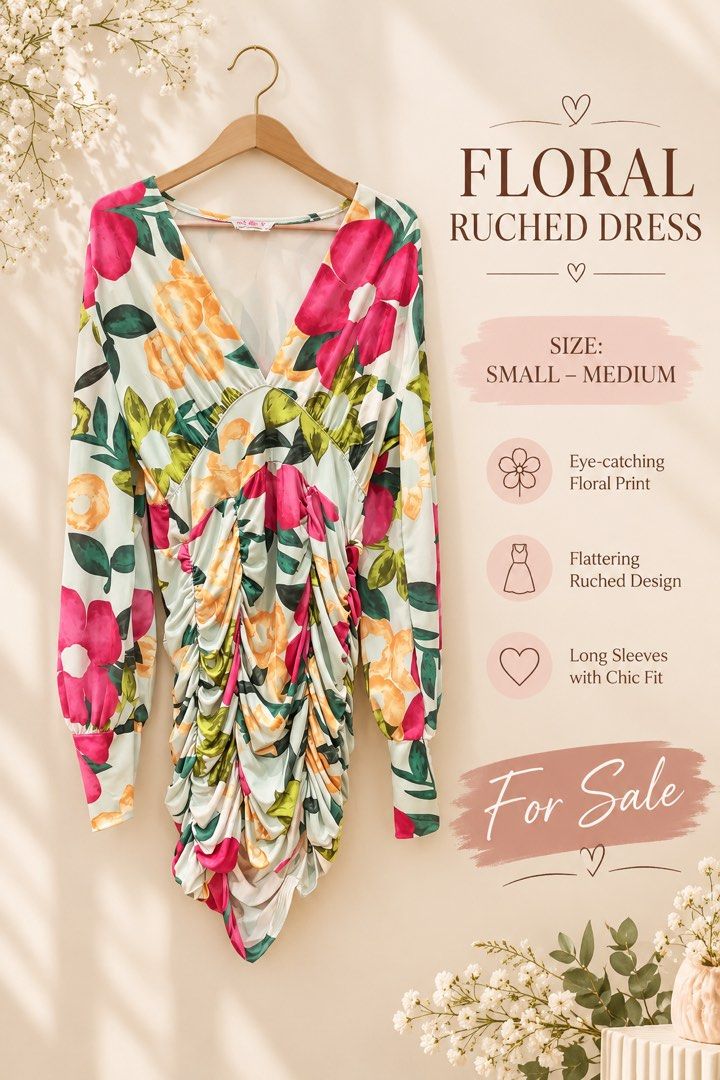 Floral Ruched Dress Small-Medium (Category: Dresses) located in Quezon City. Submitted by ktine01 (Listing ID 1469724045, Image 1). Description: - Style: Floral ruched dress with a light background and vibrant pink and yellow flowers - Neckline: V-neck - Sleeves: Long sleeves with fitted cuffs - Fit: Body-hugging ruched design all the way down for a flattering silhouette - Size: Fits Small to Medium - Mode of Payment: GCash, BPI, or COD via Shope