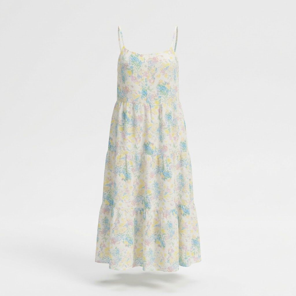 Floral spaghetti strap tiered midi dress (Category: Dresses) located in General Trias. Submitted by dearsunnyshine (Listing ID 1469725942, Image 1). Description: - Style: White midi dress with colorful floral print (yellow, blue, and pink) - Design: Spaghetti straps, square neckline, and tiered skirt - Fabric: Textured material, lightweight and great for warm weather - Versatility: Perfect for casual outings and weekend brunches - Pairing: Easy t