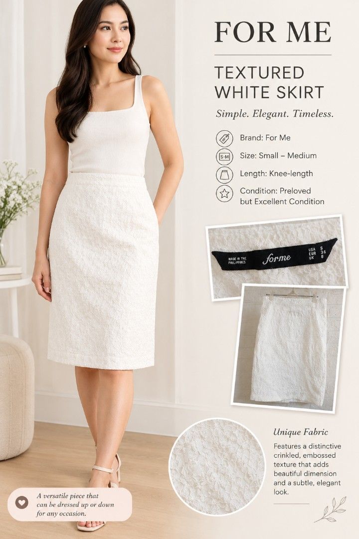 FOR ME Textured White Skirt Size S - M (Category: Skirts) located in Digos. Submitted by chicandglowbargains (Listing ID 1469654196, Image 1). Description: - Brand: For Me - Size: S to M (US S, EUR 36, UK 8) - Color: White - Material: Textured, crinkled, and embossed fabric with a unique pattern - Length: Knee-length - Style: Versatile, easy to dress up or down.