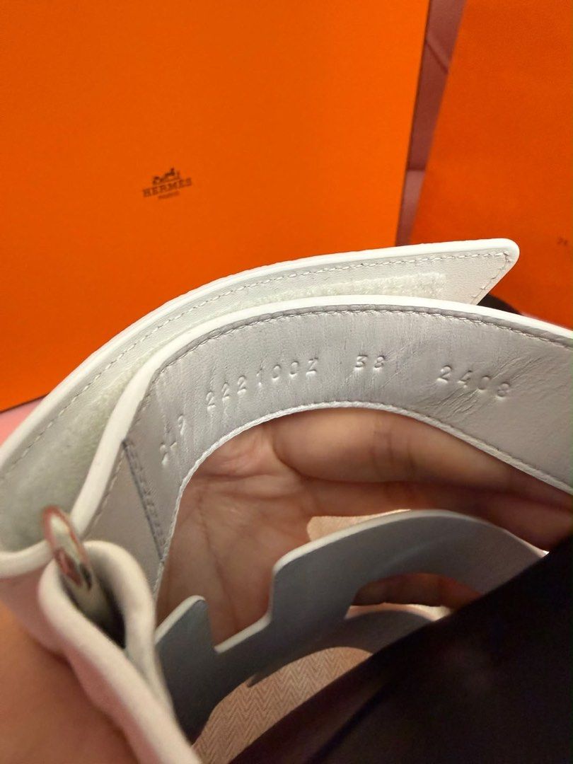 For Sale (Category: Sneakers & Footwear) located in Makati City. Submitted by juliettt23 (Listing ID 1469612934, Image 3). Description: Authentic Hermès Chypre Sandals in White 🌺 Size 38 ( but runs small Will Fit To Size 37 or 37.5 feet ) 🌺 Unused / Just Fit 🌺 comes with paperbag, Dustbags and Box 🌺 Selling This for Only 58K 🥹🥹🥹.