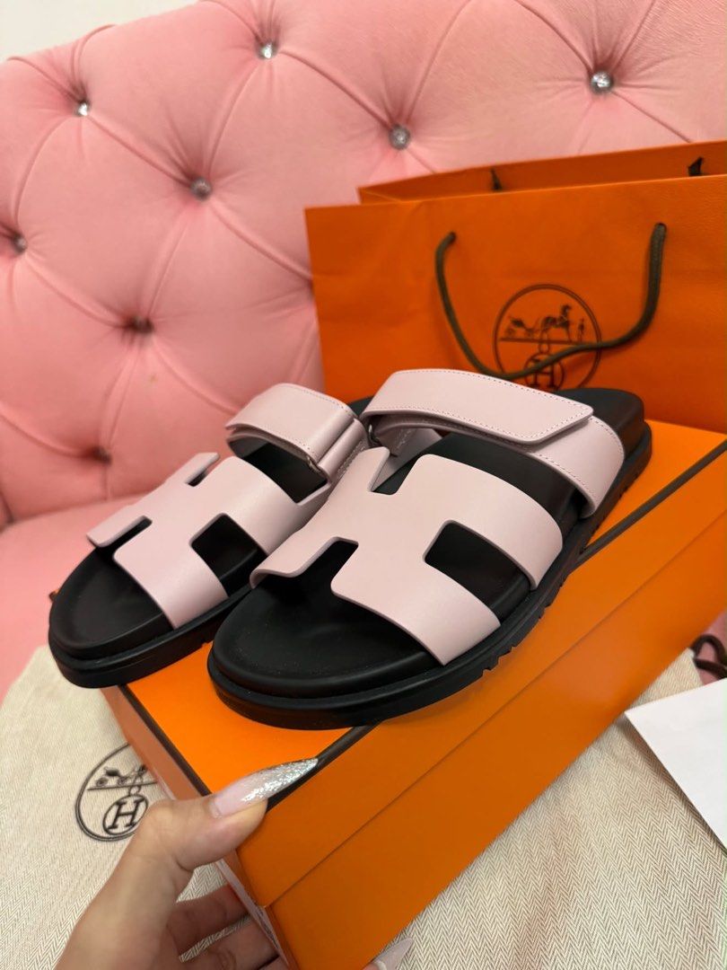 For Sale (Category: Sneakers & Footwear) located in Makati City. Submitted by juliettt23 (Listing ID 1469613298, Image 2). Description: Authentic Hermès Chypre Sandals in Rose Cancan 🌺 Size 38 ( but run small Will Fit To Size 37 or 37.5 feet ) 🌺 Unused / Just Fit 🌺 Comes With Store Receipt Purchased in Hermes SG, Dustbags and Box 🌺 Selling This for Only 58K 🥹🥹🥹.