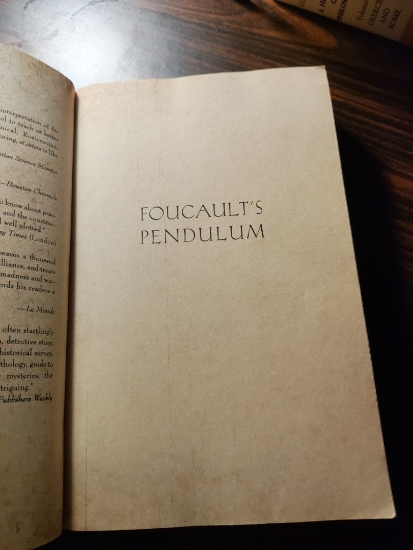 Foucault's Pendulum by Umberto Eco (Category: Storybooks) located in Quezon City. Submitted by noeviator (Listing ID 1469694071, Image 3). Description: Foucault's Pendulum Umberto Eco Ballantine Books Paperback Pages look like a forbidden codex, which actually adds to its charm, though can be irritating at times. (Mostly charming. Can you imagine being there unearthing the Nag Hammadi codices?) MOP: Gcash, physical MOD: LBC, Lalamove, meetup in o