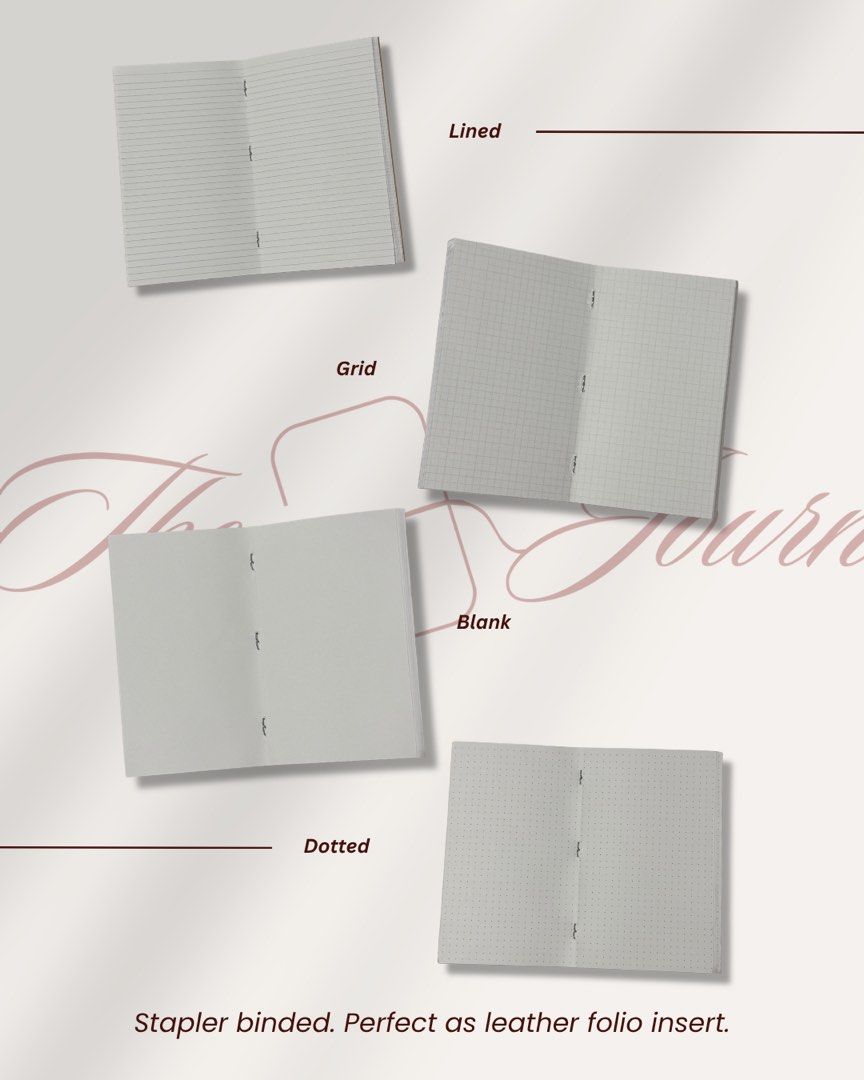 Fountain-pen friendly Journal Notebook Planner Insert (Category: Stationery & School Supplies) located in Taguig. Submitted by rzkei (Listing ID 1469731057, Image 2). Description: ⭐️CHECK THE PICTURES FOR PRICE LIST⭐️ 🖋️ Staple-bound kraft paper journals, ideal for standalone use or as leather folio inserts 🖋️ Thick 100 gsm paper prevents bleeding with fountain pens, brush pens, and highlighters 🖋️ Sturdy 300 gsm cover protects your precious n